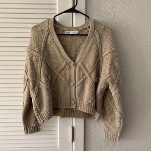 BLOGGER FAV ZARA Women Chunky Floral Sweater Cardigan 1957/104, Tan/Mink, Size M